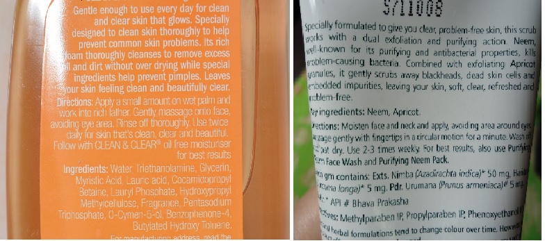 Himalaya Neem Face Wash VS Clean & Clear Face Wash - Ingredients